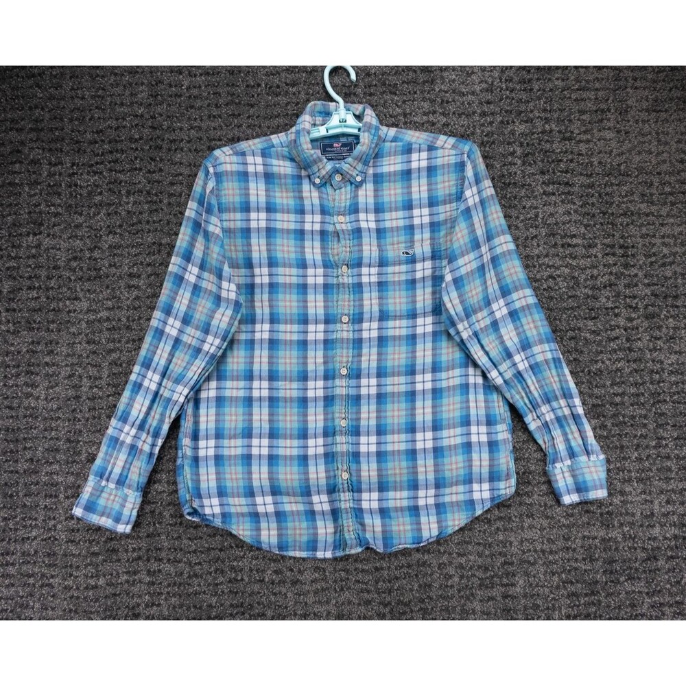 Vineyard Vines Shirt Mens Large Blue Plaid Flannel Slim Fit Tucker Casual Preppy